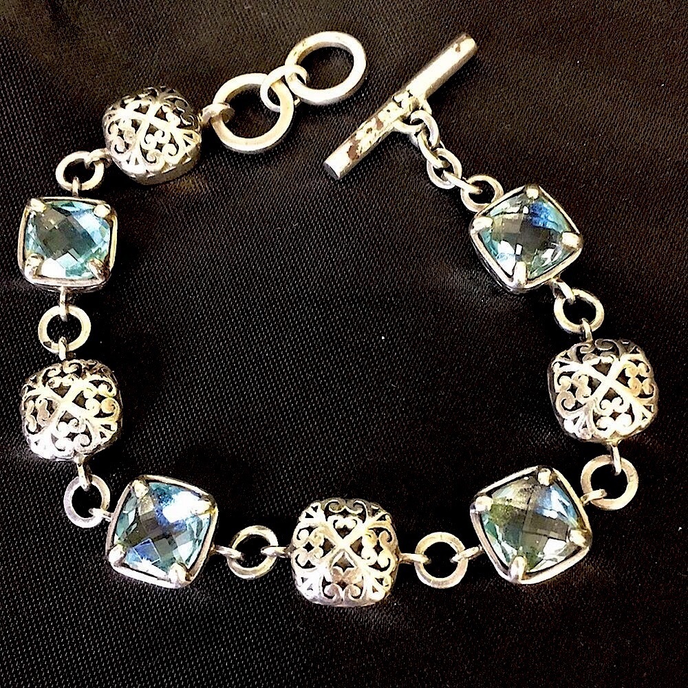 LOIS HILL Sterling Silver Cut Out Stations and Blue Topaz Cushion Cut Bracelet